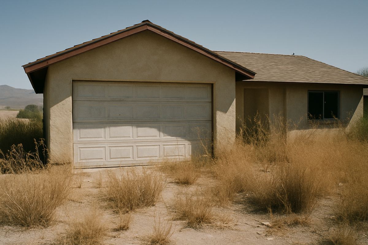Vacant Las Vegas home with an overgrown yard and faded garage door