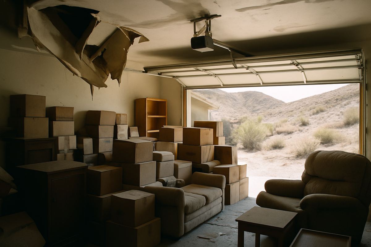 Garage crowded with boxes and old furniture