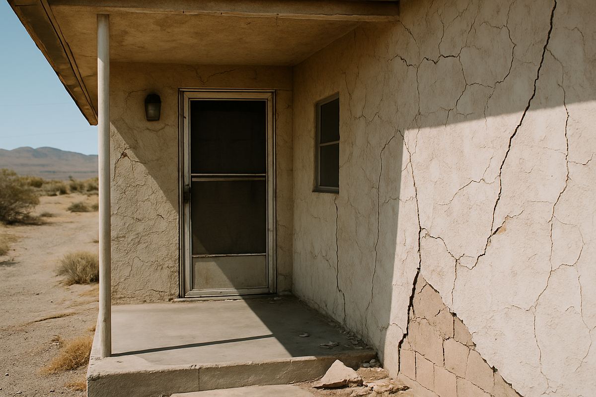 Weathered porch and cracked stucco on an older block home