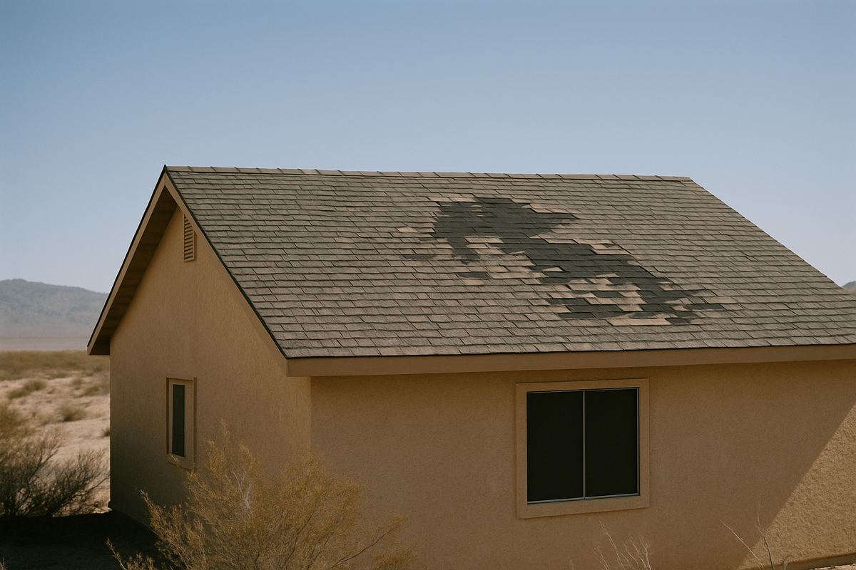 Worn roof with missing shingles on a desert tract home