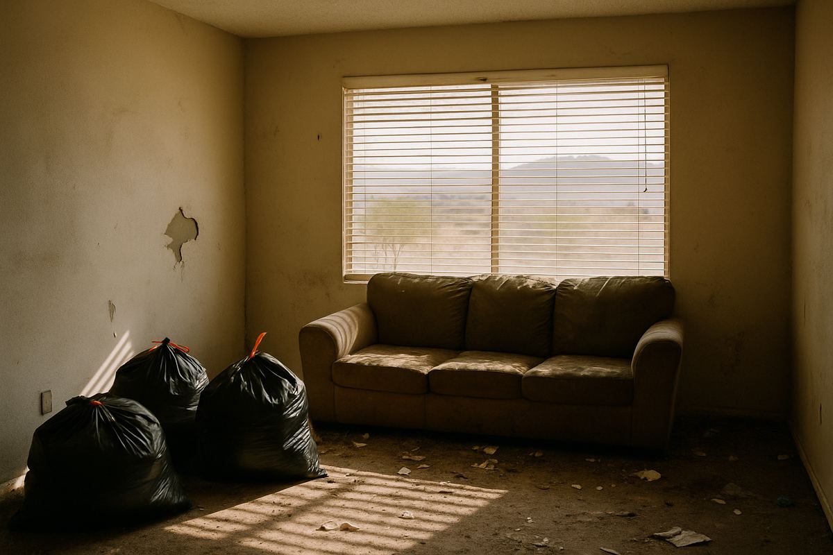 Vacant living room with trash bags and an old couch
