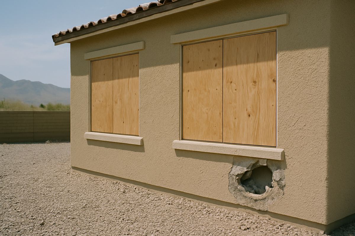 Boarded windows on a tan stucco house