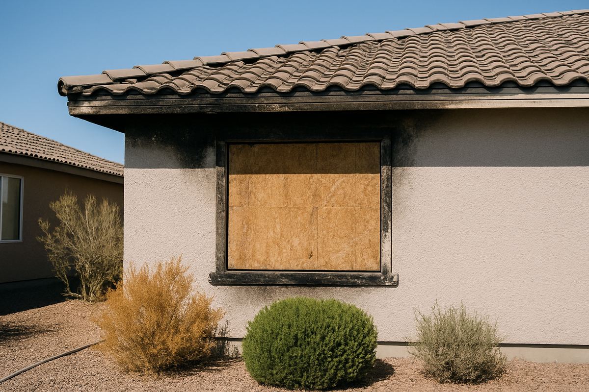 Fire-scorched eaves on a Las Vegas stucco home