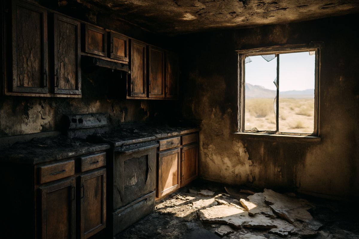Soot-stained kitchen after a house fire