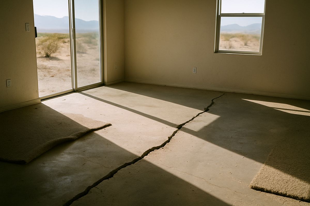 Cracked concrete slab under removed carpet