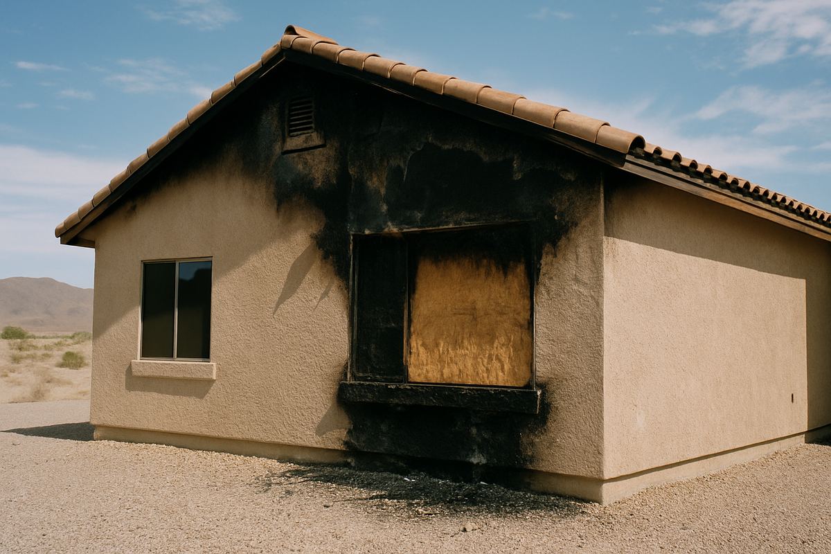 Las Vegas stucco home with scorched eaves and a boarded window