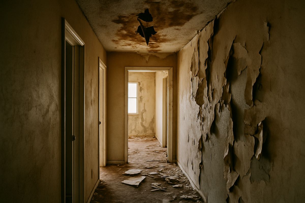 Water-stained ceiling and peeling drywall in an older home hallway
