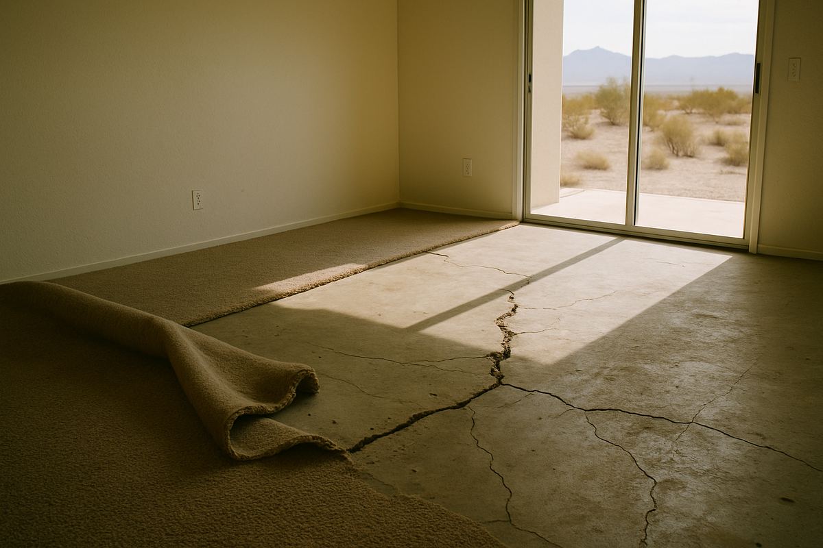 Exposed cracked concrete slab under pulled-back carpet