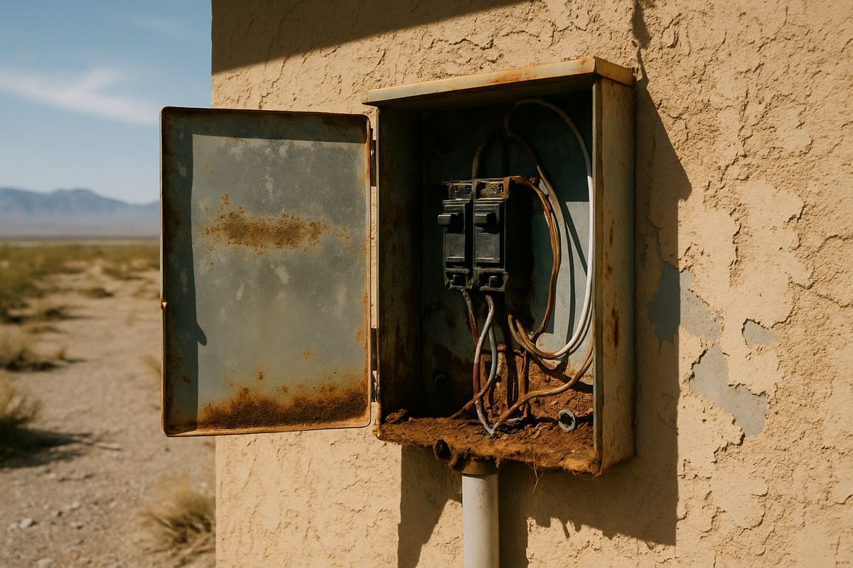 Weathered exterior electrical panel on a stucco wall