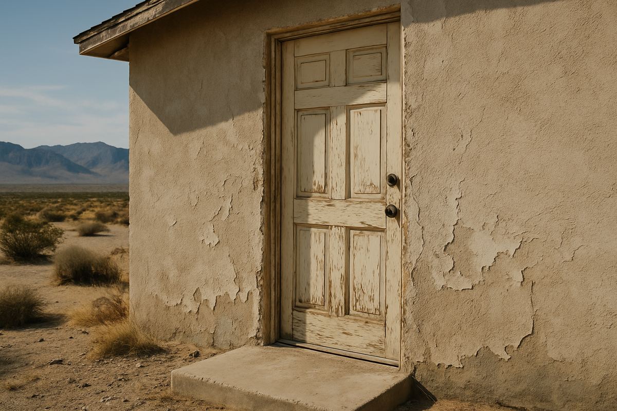 Sun-faded front door on a weathered desert home