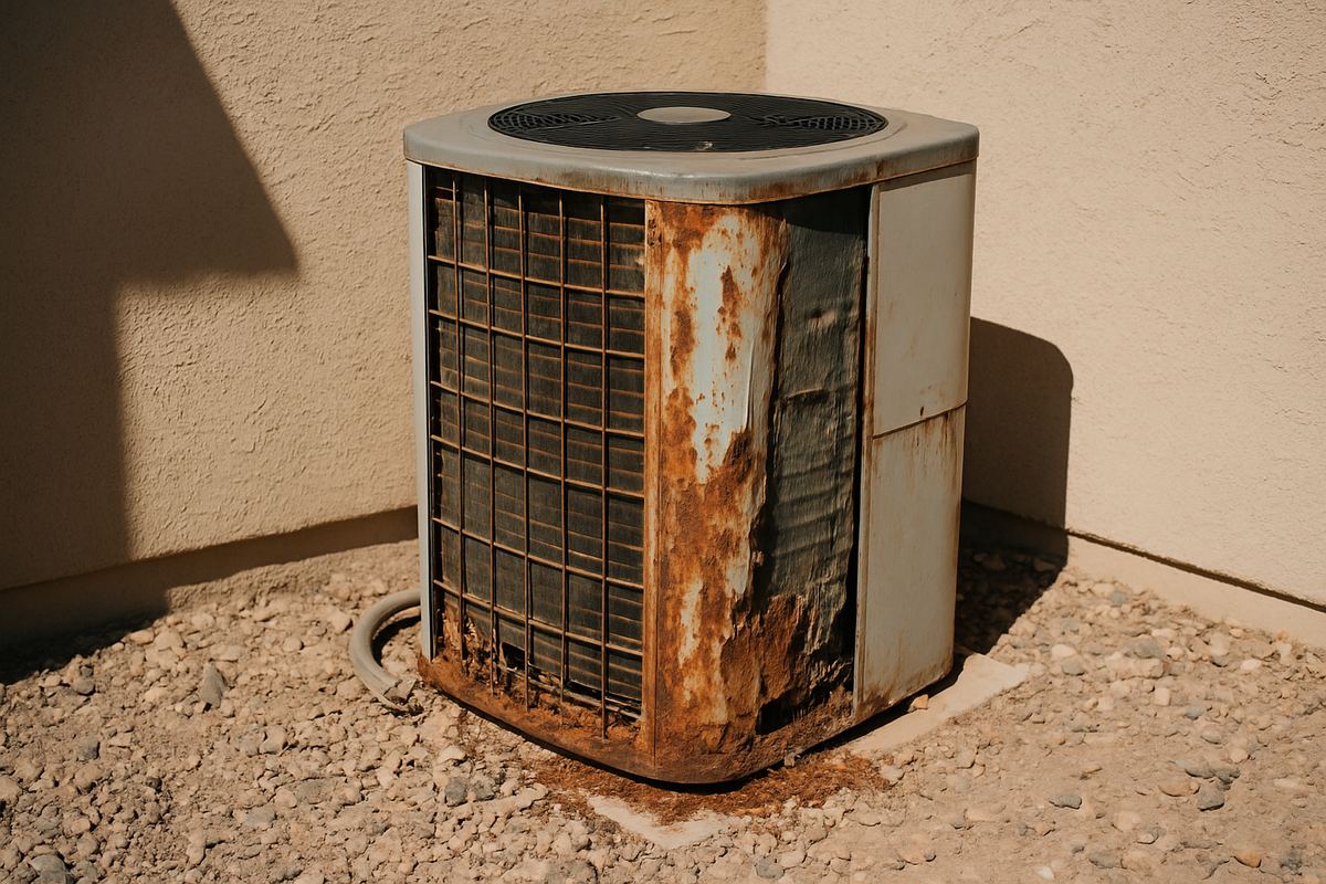 Aging AC condenser beside a Las Vegas home