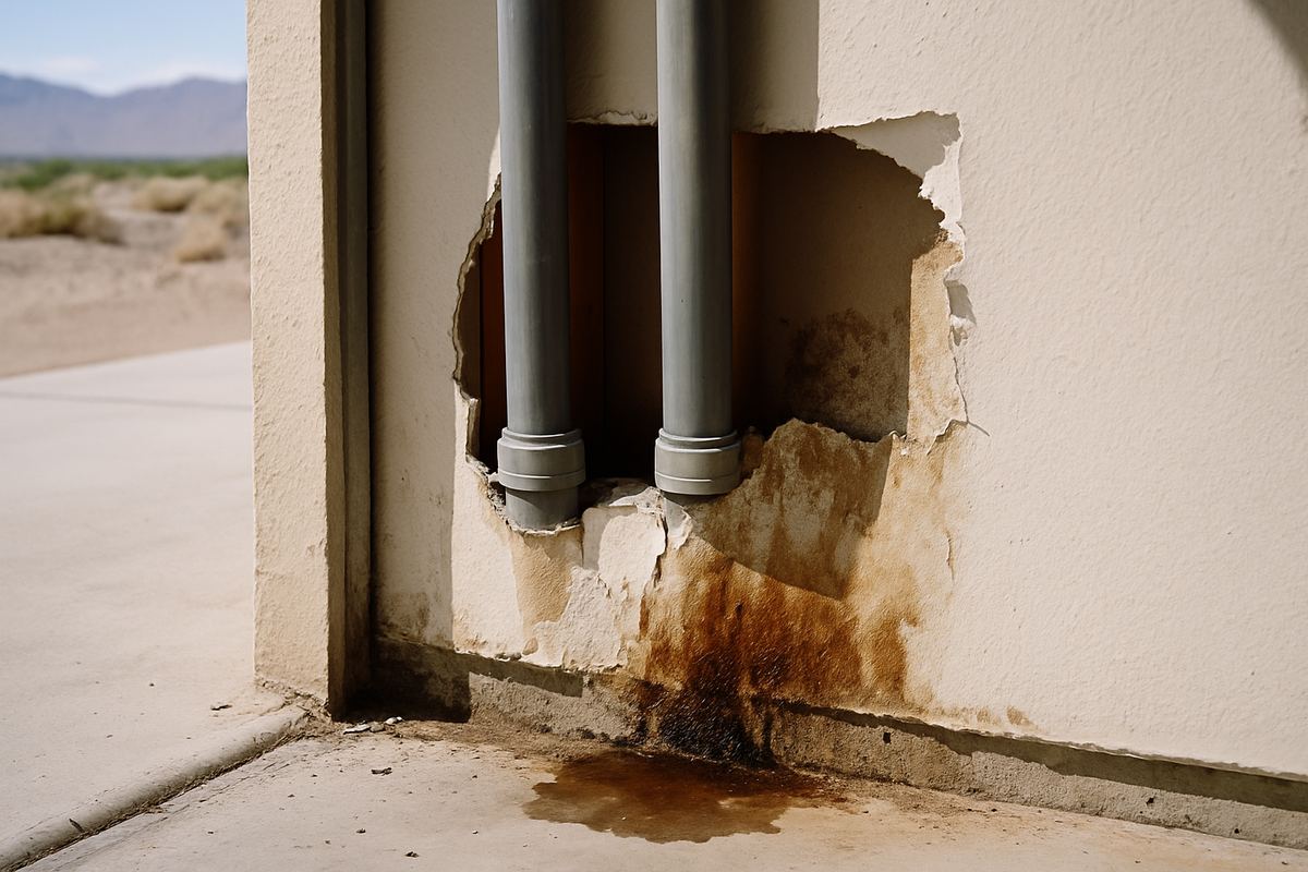 Old polybutylene pipe behind damaged drywall in an east-side house