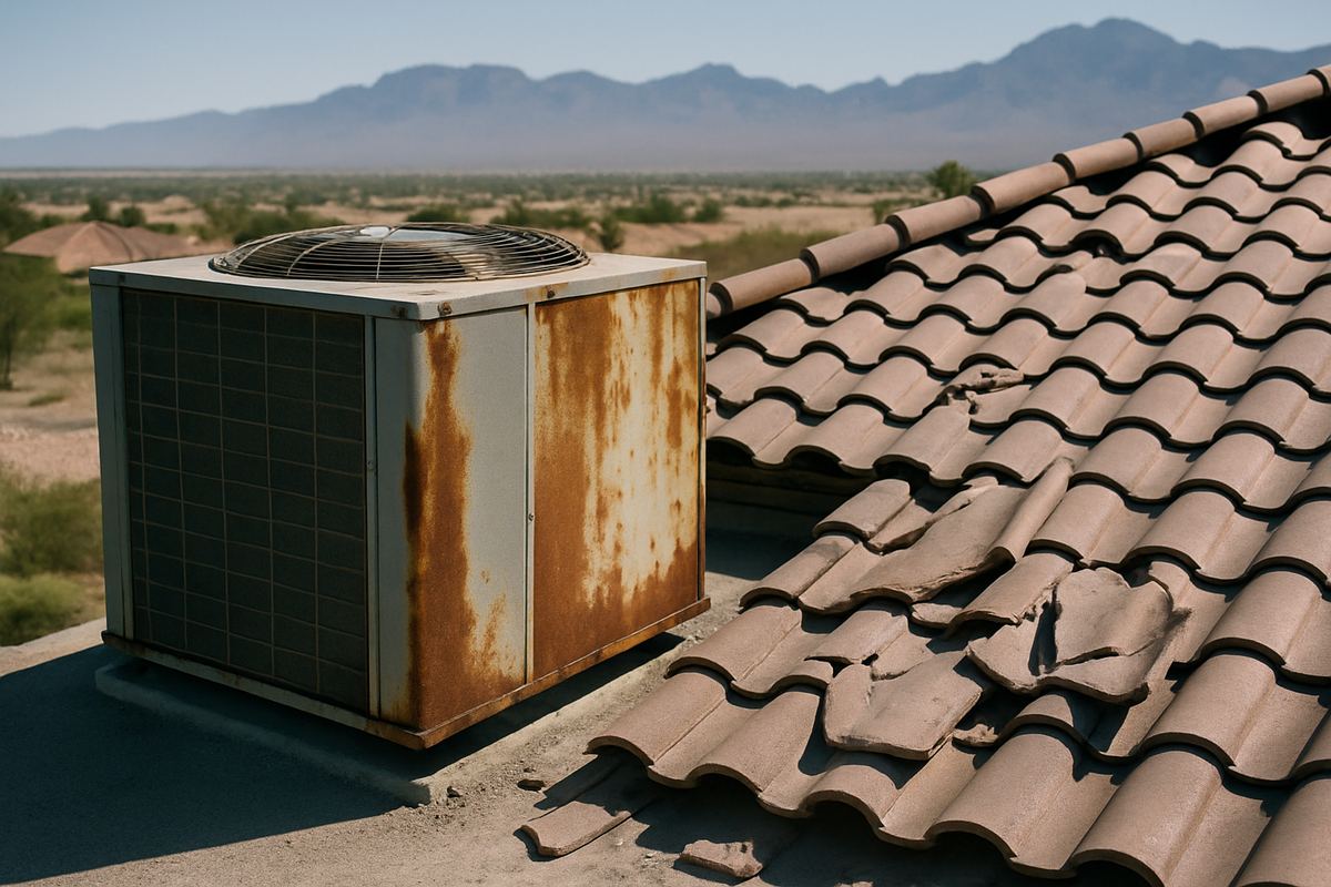 Worn AC unit and broken roof tiles on an Enterprise house