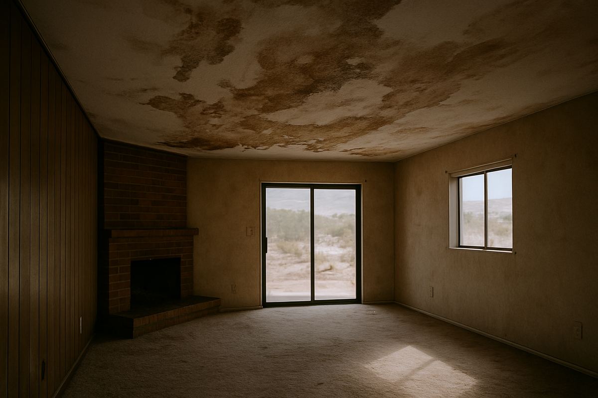 Roof leak stain on the ceiling of a mid-century Las Vegas house