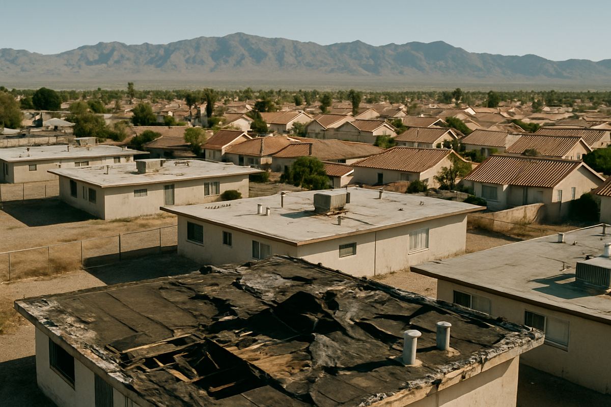 Rooftops of older and newer houses spread across the Las Vegas Valley