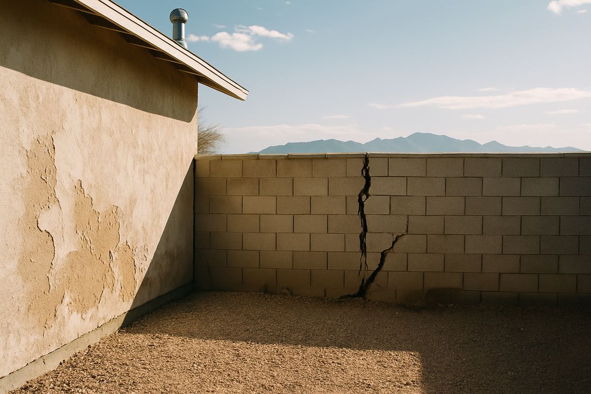 Cracked block wall beside an older Las Vegas home