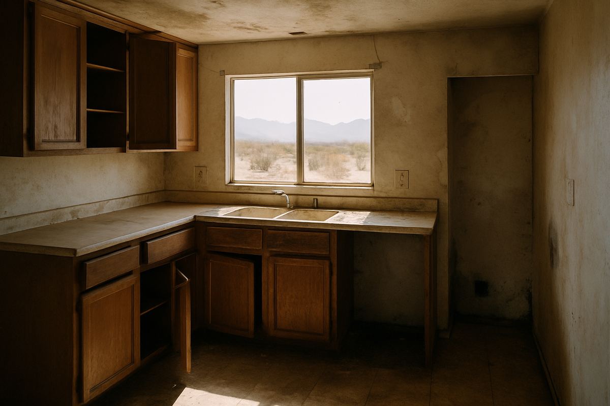 Worn cabinets in the empty kitchen of a vacant home